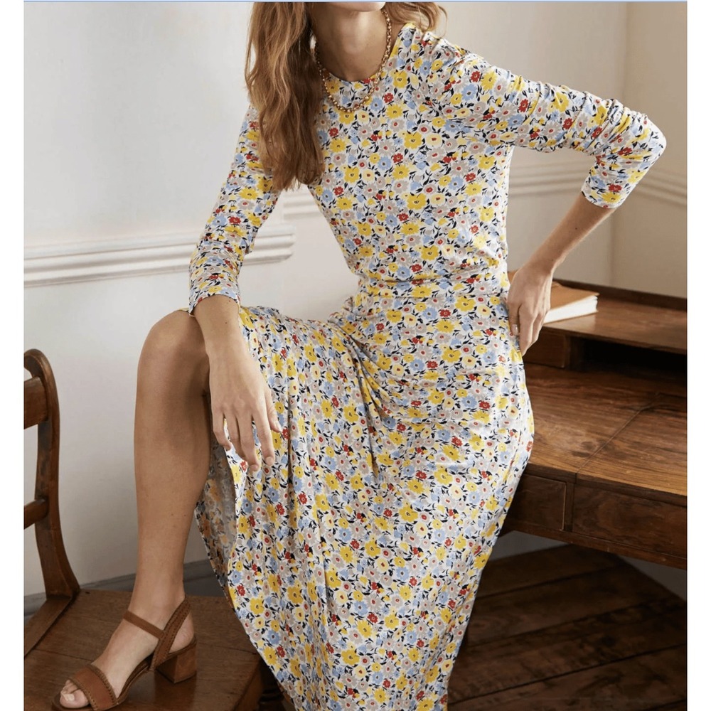 Boden Floral Long Sleeve Midi Dress US 6R Yellow Blue Multi Viscose Stretch